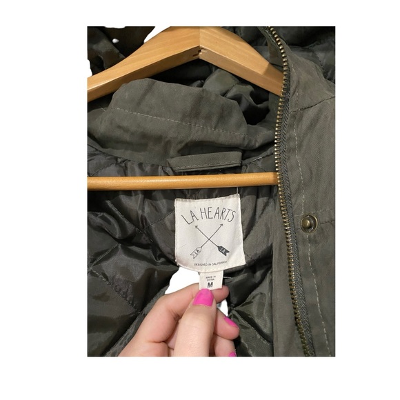 Y2K La Hearts | Green zip up warm quilted jacket faux fur trimmed hood - Picture 6 of 7